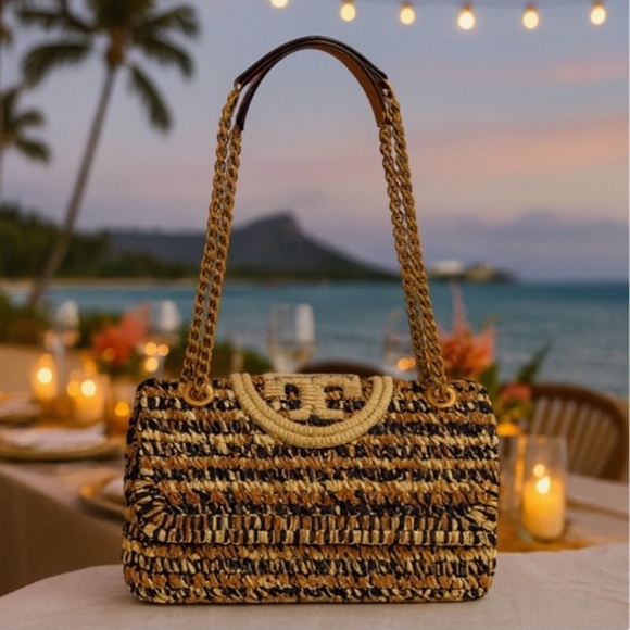 New Tory Burch Soft Fleming Classic Cuoio Tan Raffia Convertible Shoulder Bag - Picture 1 of 16